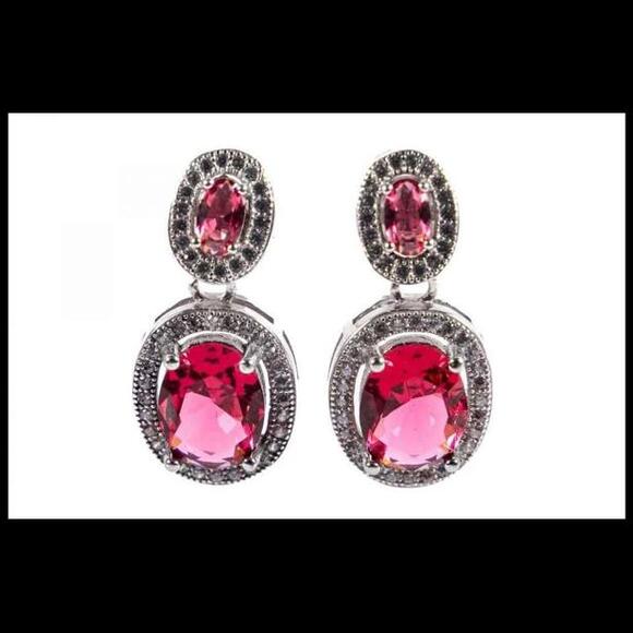 925 Sterling Silver Simulated Pink Spinel CZ Drop Earrings - Picture 1 of 7